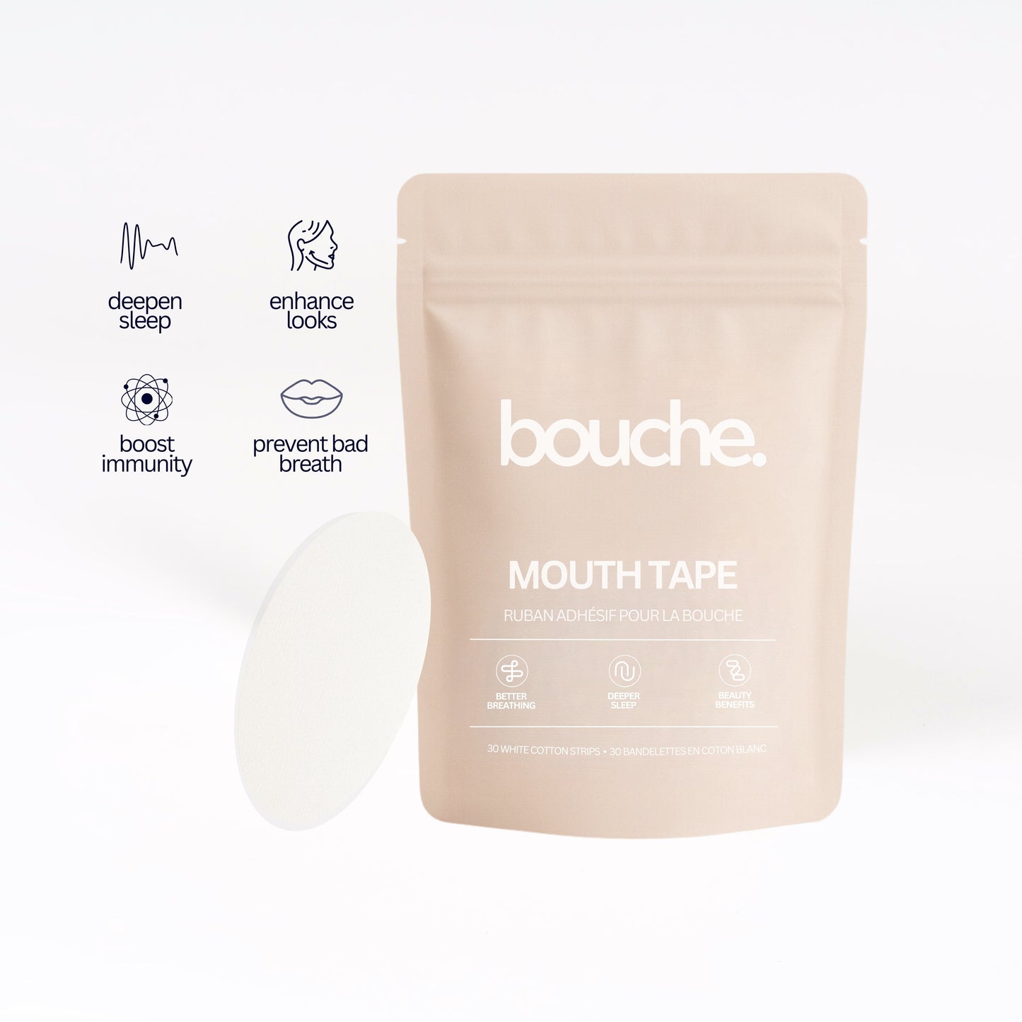 Bouche mouth tape packaging with product features on a white background