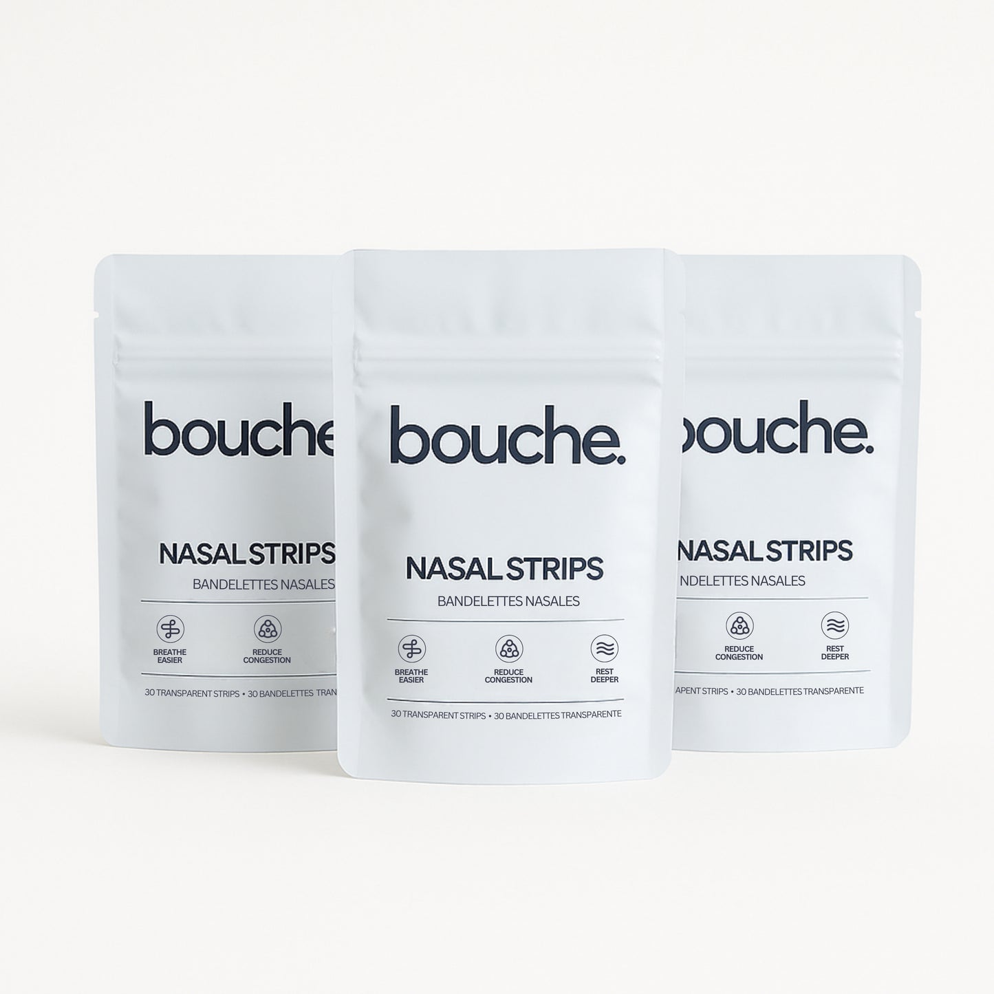 Three packages of bouche nasal strips on a white background