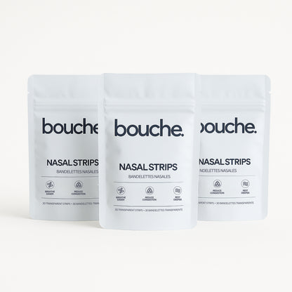 Three packages of bouche nasal strips on a white background