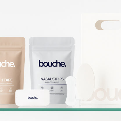 Close up of Bouche Trial Kit, includes nasal strips, mouth tape and carrying case. 