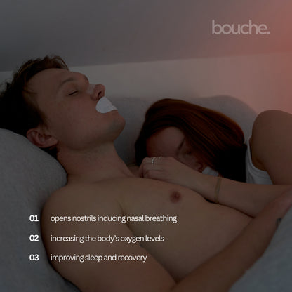 Person lying down with a product on their face, accompanied by text about its benefits.