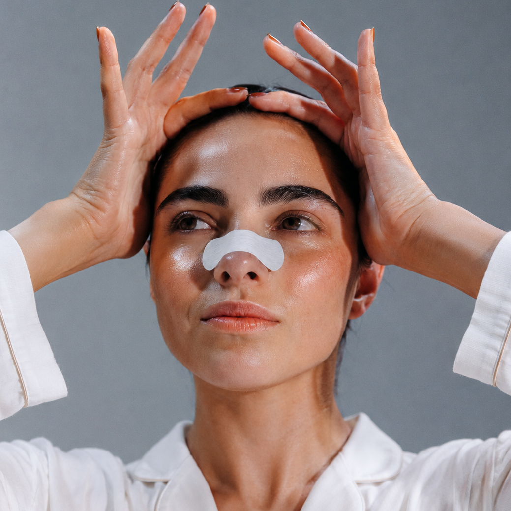 A woman wearing a white pajama shirt holds her hands to her temples while wearing a white adhesive nose patch against a solid gray background.