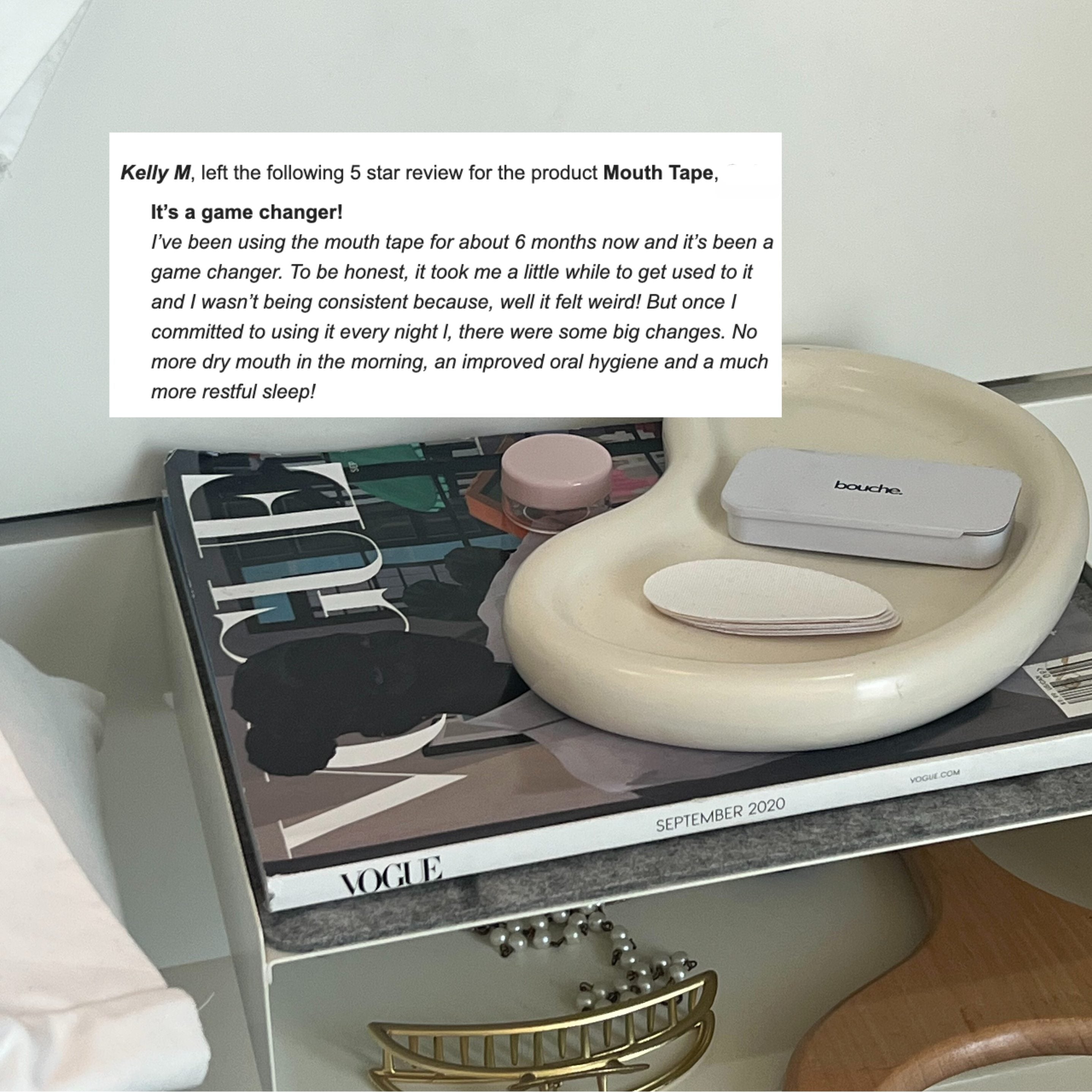 Mouth tape product on a shelf with a magazine and text overlay about a 5-star review.